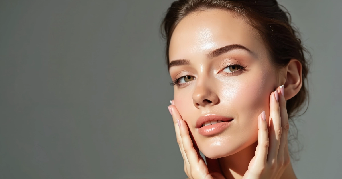 Close-up of a young woman with glowing skin, natural makeup, touching her face with both hands after CoolPeel in Sparta, NJ.
