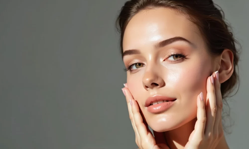 Close-up of a young woman with glowing skin, natural makeup, touching her face with both hands after CoolPeel in Sparta, NJ.
